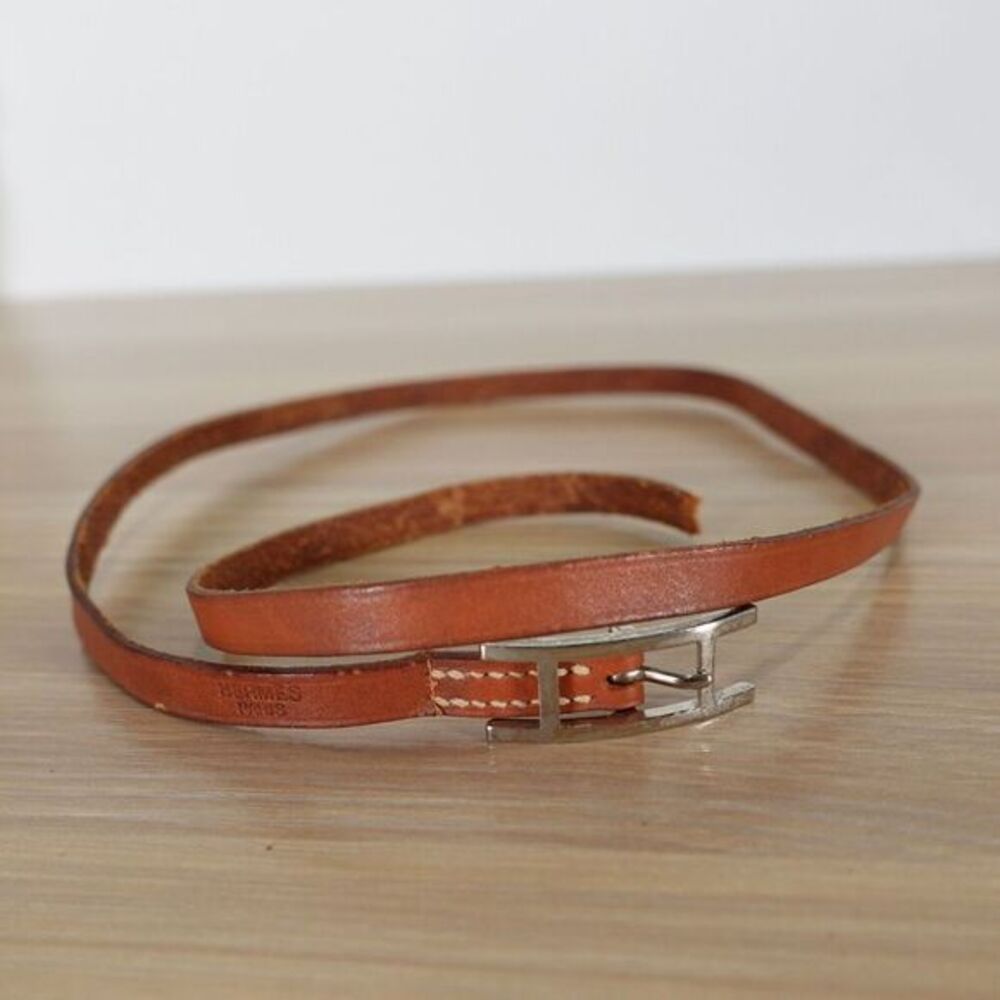 HERMÈS‎ PARIS Wrap Hapi 3 Bracelet Choker Brown Leather Silver H 24 in - Picture 2 of 10